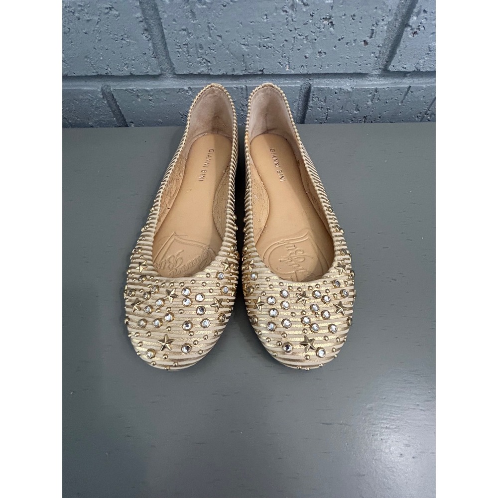 Gianni Bini Gold Striped Studded Star Flats Womens Size 7M Rhinestone Sparkle